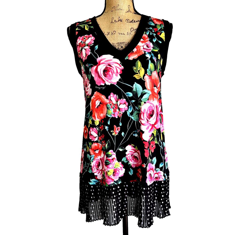 ANNA RACHELE Top Sleeveless SZ 44/US 8 Floral Rose Print Pleaded Bottom